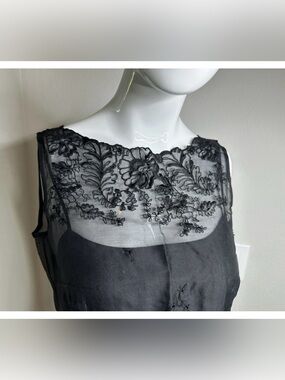 Vintage 90s Silk Sheer Black Organza Floral Beaded Wiggle Cocktail Dress Sz 2 XS